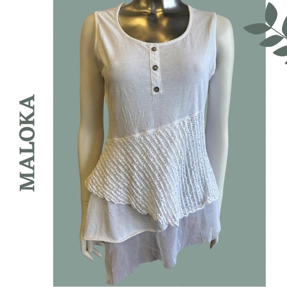 🛍️3/$40 Maloka White Sleeveless Tunic Knit Top Mixed Fabric Size 2